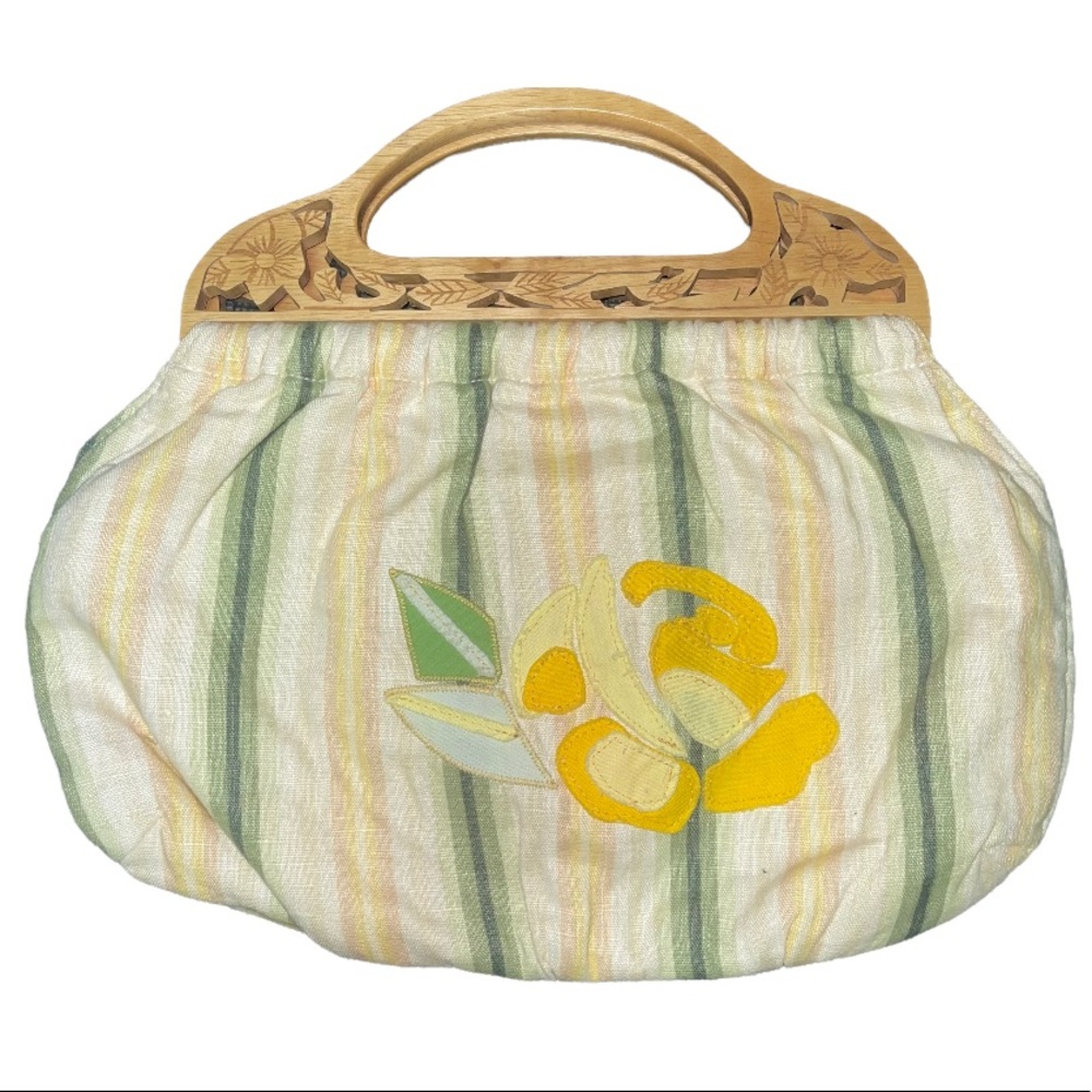 Banana Republic Floral Handbag Tooled Wood Handle Green Yellow